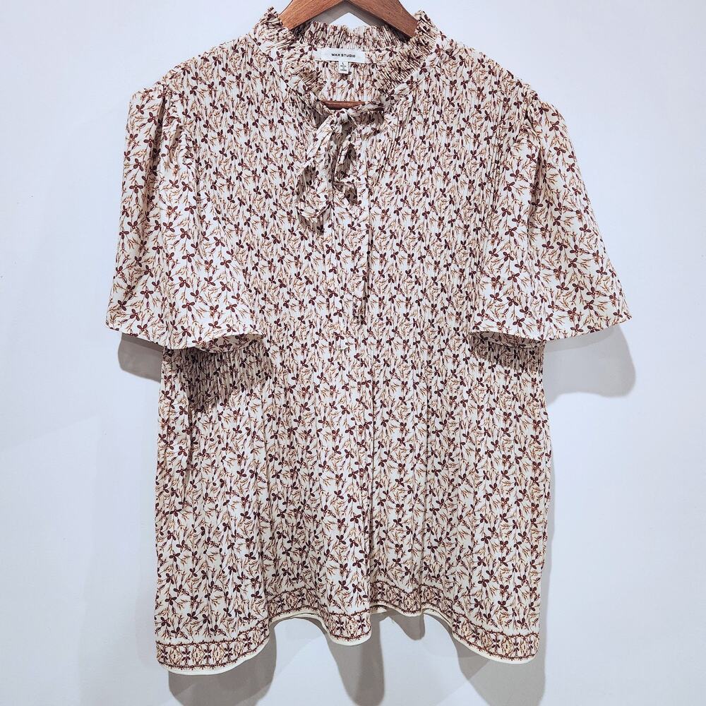Max Studio Ivory Floral Wrinkled Tied Ruffle Neck Blouse Size Large Boho Career